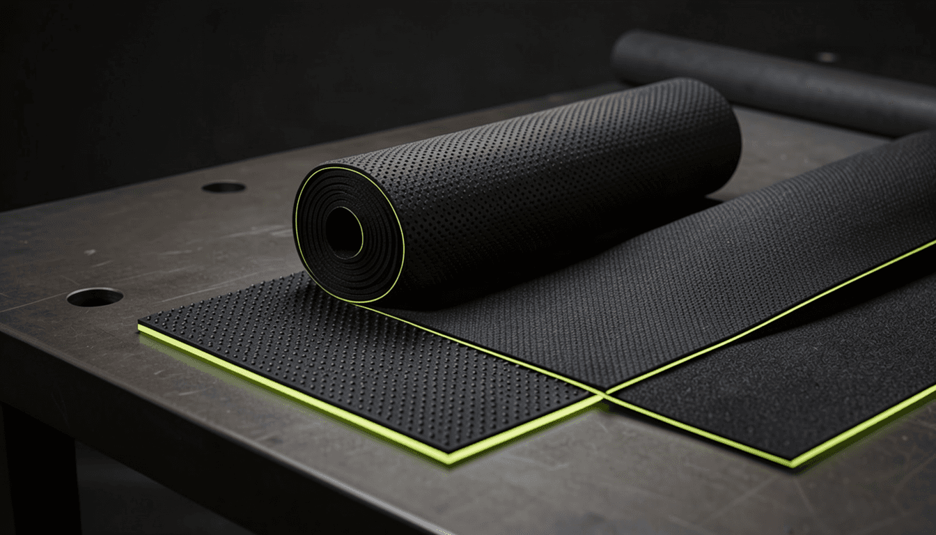 Black textured grip materials photographed on a workbench
