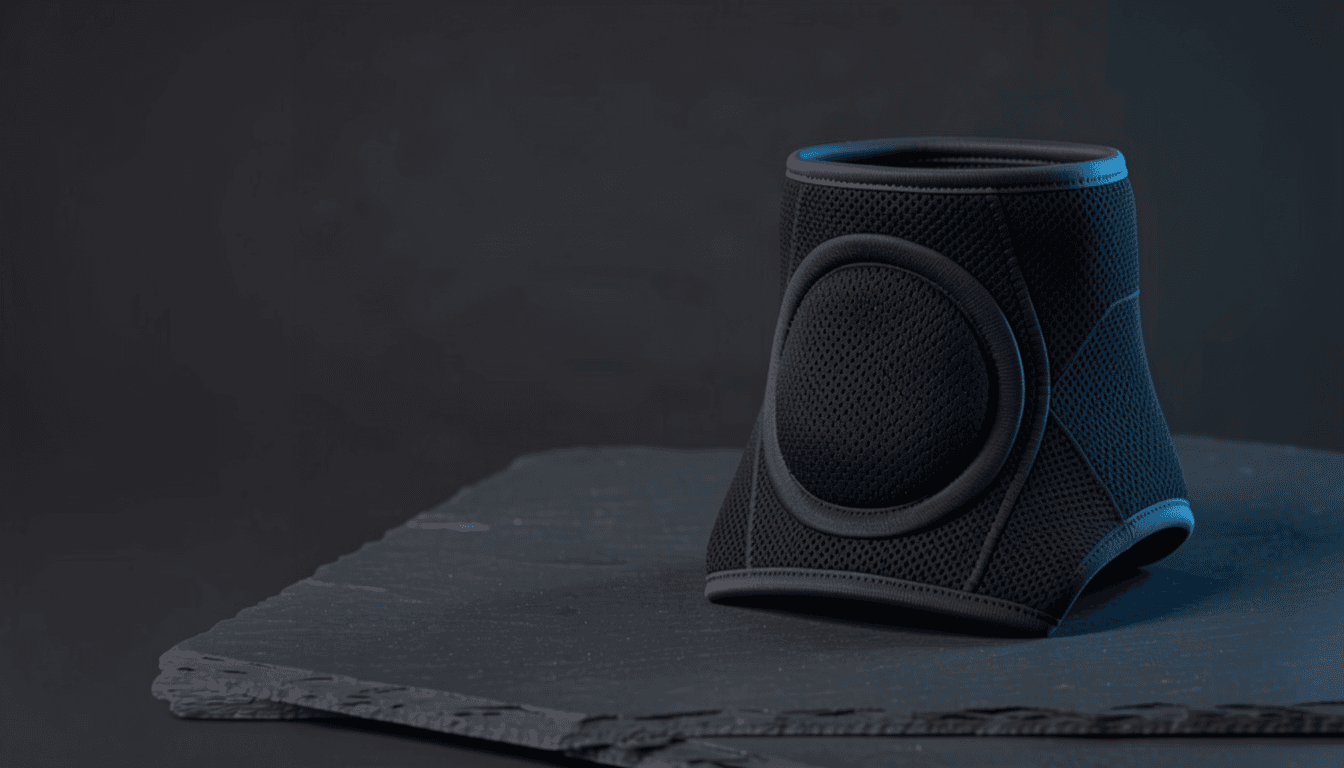 Black orthopedic support photographed in a dark studio